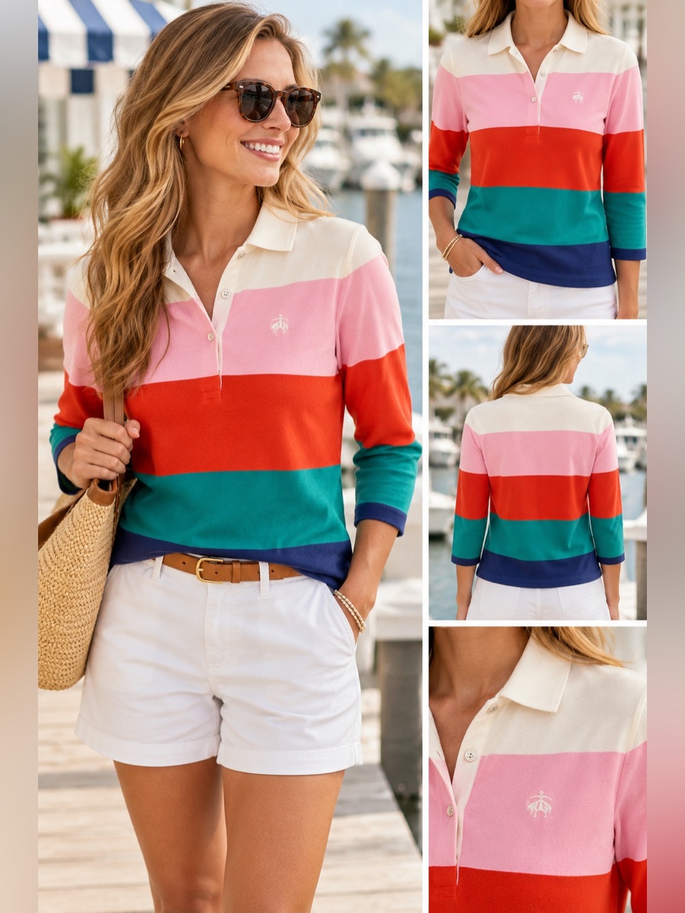 Brooks Brothers Red Fleece Women's Striped 3/4 Sleeve Cotton Polo Shirt M